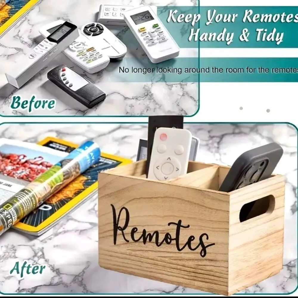 NWT Farmhouse Black Wood Remotes Graphic 2 Slots Minimalist Holder Organizer